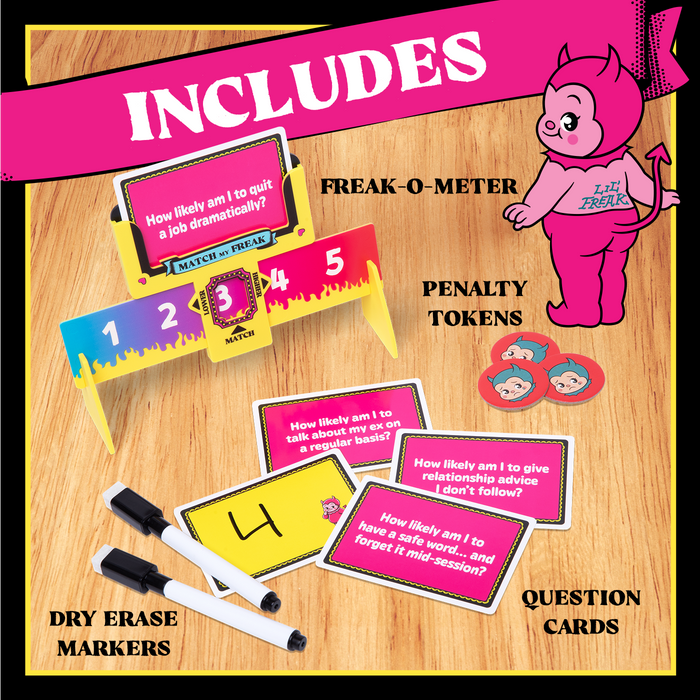 Match My Freak contents: a Freak-O-Meter, tokens, markers and question cards