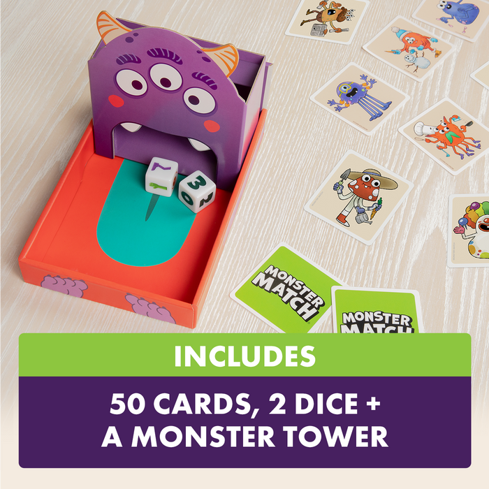 Monster Match contents: 50 cards, two dice and a monster tower