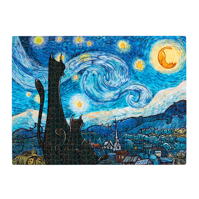 The assembled Mrowwwry Night puzzle, a Starry Night parody with cats