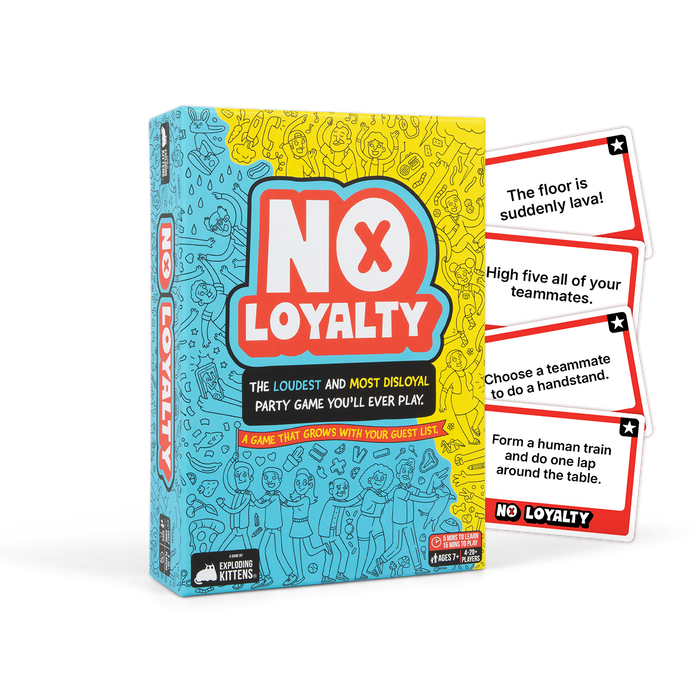 No Loyalty box front, blue box with a cartoon creature, a party game