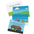 Birthday card 4-pack Vol. A, four birthday greeting cards fanned out