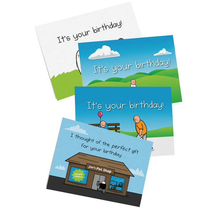 Birthday card 4-pack Vol. A, four birthday greeting cards fanned out