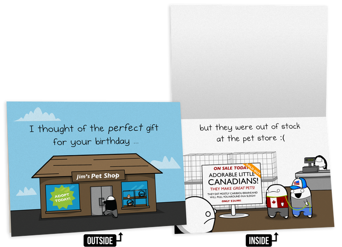 Canadian birthday card from the 4-pack, with a cartoon pet shop scene