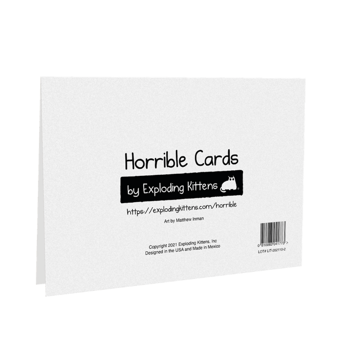 Greeting card back: Horrible Cards by Exploding Kittens with barcode