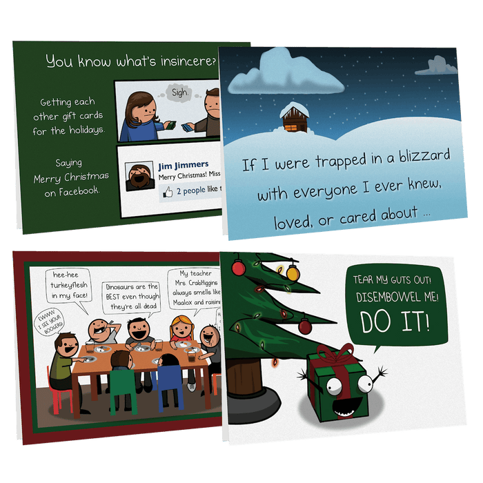 Stack of four adult-humor holiday greeting cards beside a small Christmas tree