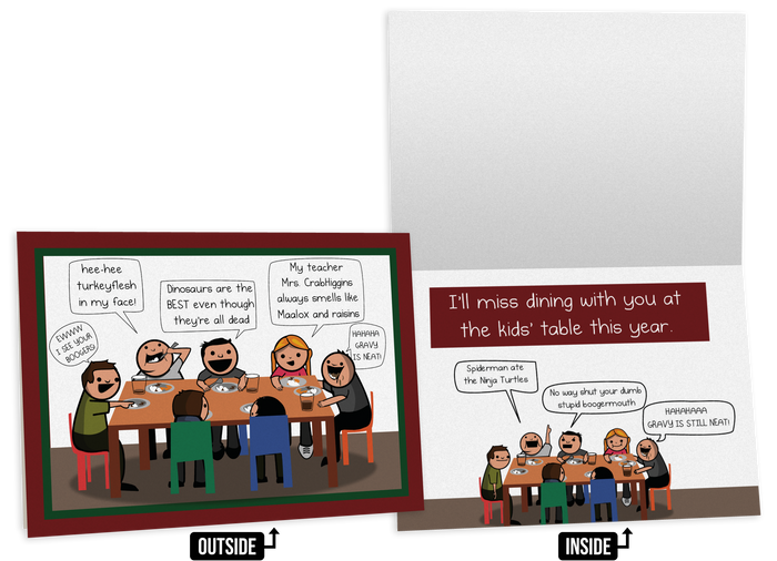 Adult-humor holiday card about being stuck at the kids' table, shown front and inside