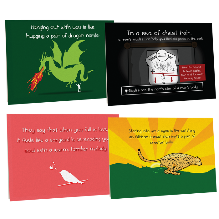 Stack of four adult-humor love and friendship greeting cards