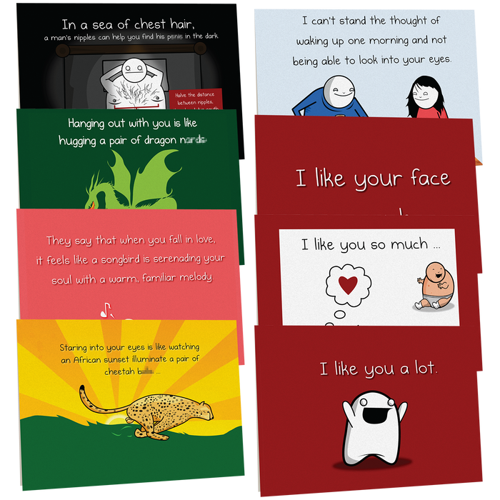 Stack of eight adult-humor love and friendship greeting cards