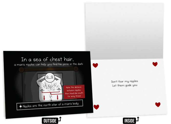 Adult-humor love card with a cartoon character and a chest-hair joke, with hearts