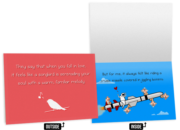 Adult-humor love card shown front and inside with cartoon characters