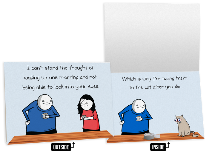 Adult-humor love card with cartoon couples and a dark joke about your eyes