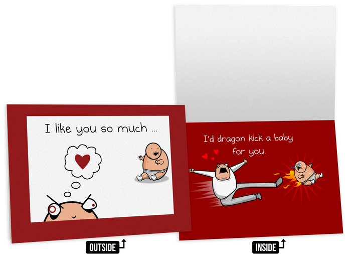 Adult-humor love card with cartoon characters and an over-the-top devotion joke