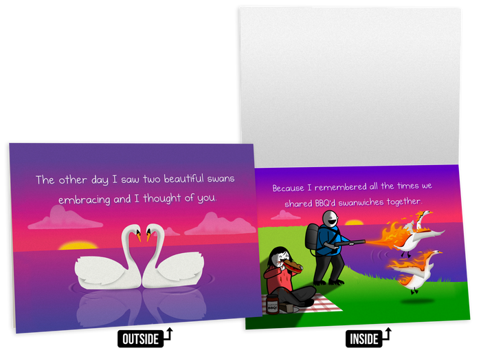Adult-humor love card with cartoon swans and a romantic-then-crude punchline