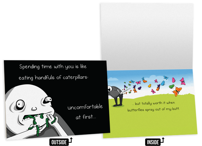 Adult-humor friendship card with cartoon characters and a caterpillar-eating gag