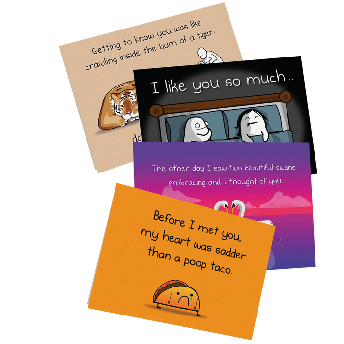 Four adult-humor love and friendship greeting cards (Volume C) fanned out