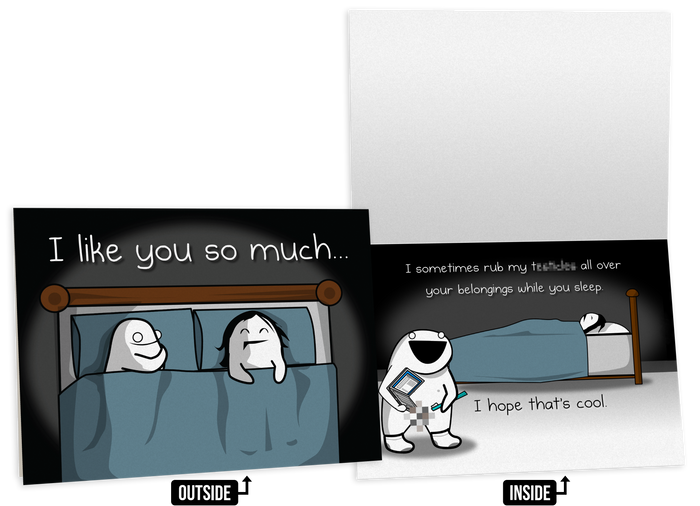 Adult-humor love card shown front and inside with cartoon characters