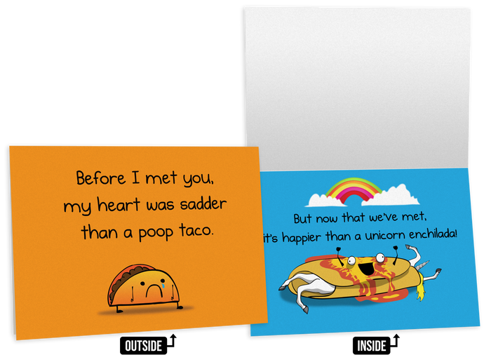 Adult-humor love card with a cartoon unicorn and an absurd heartfelt message