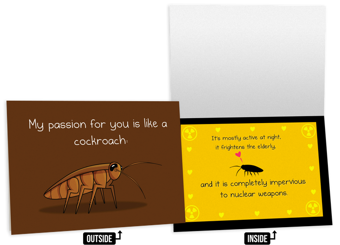 Adult-humor love card with a cartoon cockroach and an over-the-top passion joke