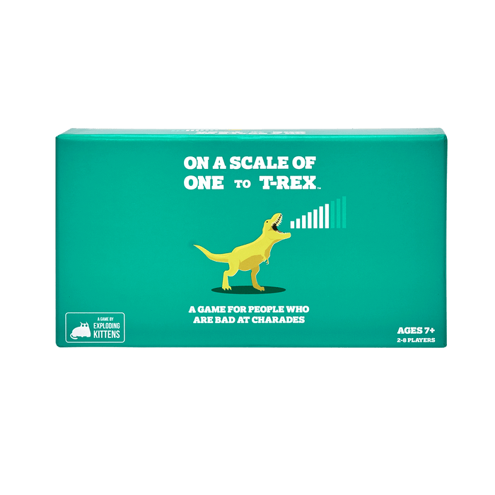 On a Scale of One to T-Rex game box front, a charades party game for ages 7+