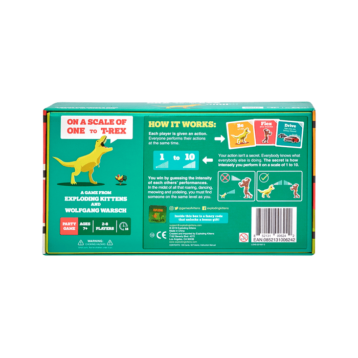 On a Scale of One to T-Rex game box back showing how-to-play and details