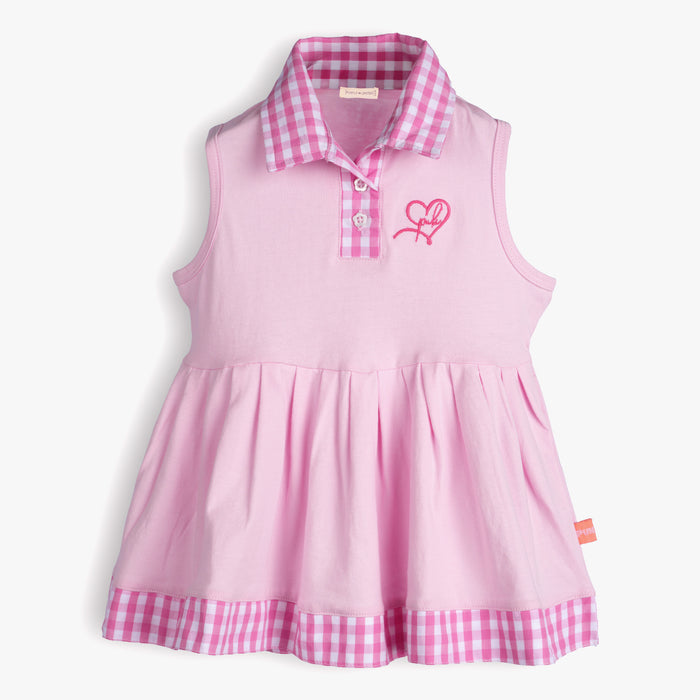 Pink Baby Girls Pink Dress in Soft Cotton with Polo Collar, Gingham Trim & Infant Summer Fit