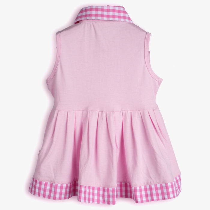 Pink Baby Girls Pink Dress in Soft Cotton with Polo Collar, Gingham Trim & Infant Summer Fit