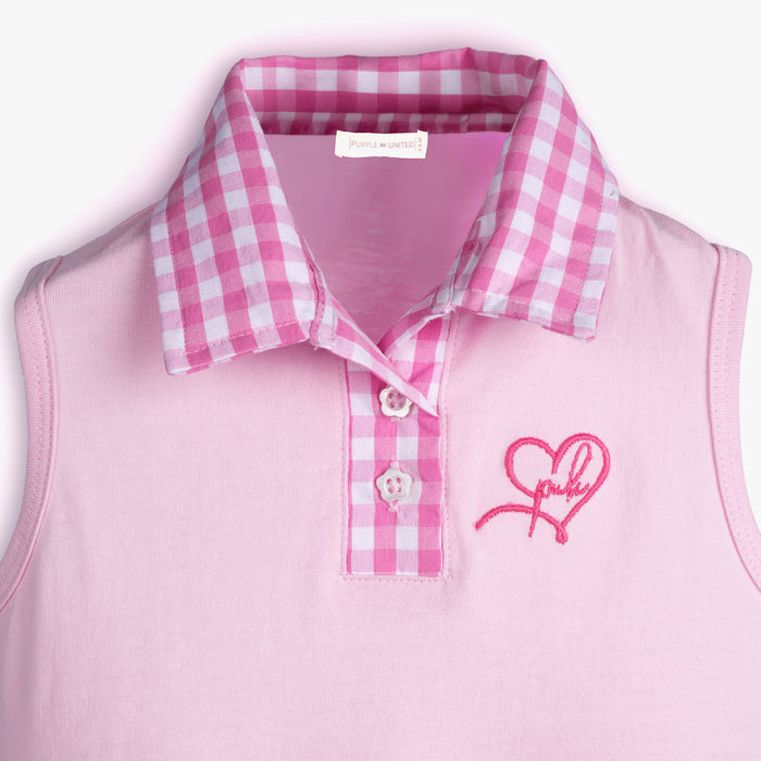 Pink Baby Girls Pink Dress in Soft Cotton with Polo Collar, Gingham Trim & Infant Summer Fit