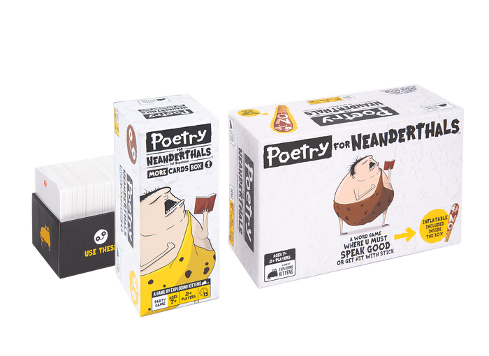 Poetry for Neanderthals bundle showing the base game box and expansion boxes