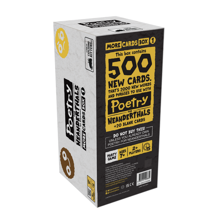 Black Poetry for Neanderthals '500 new cards' box shown at an angle