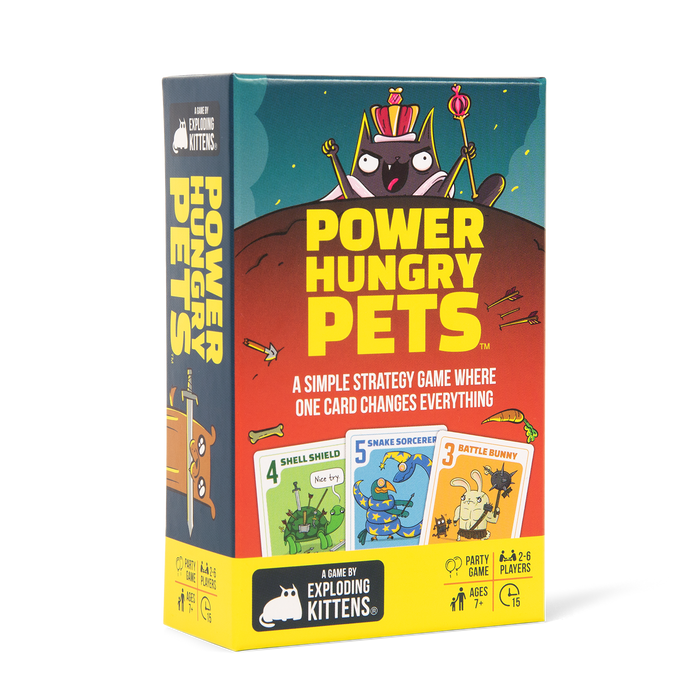 Power Hungry Pets small-version game box at an angle with a cartoon cat character