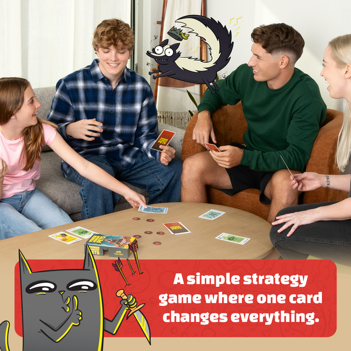 Friends playing Power Hungry Pets, billed a simple strategy game of card swaps