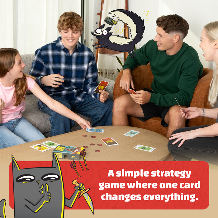 Friends playing Power Hungry Pets, billed a simple strategy game of card swaps
