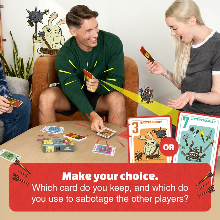 Players choosing which card to keep and which to use to sabotage rivals in Power Hungry Pets