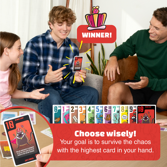 Friends playing Power Hungry Pets, aiming to survive with the highest card