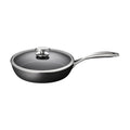 Black frying pan with a lid on a white background