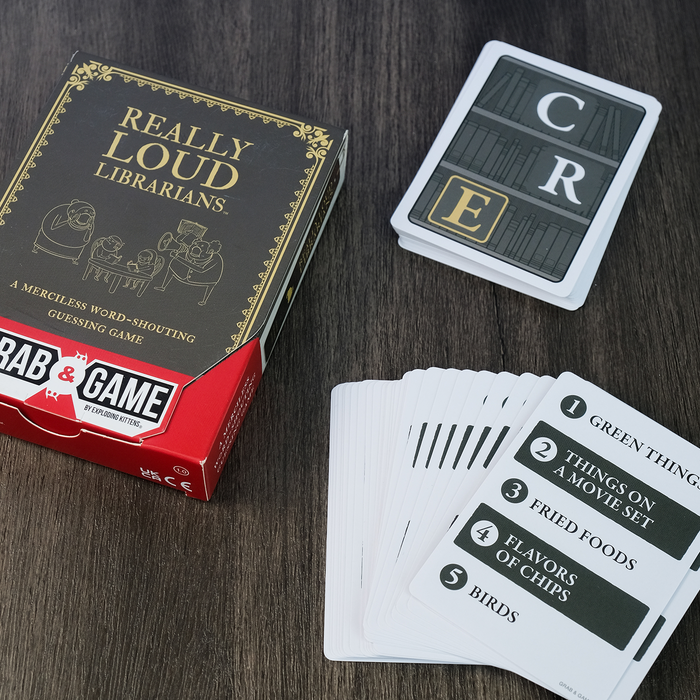 Really Loud Librarians Grab & Game box with category cards and letter tiles