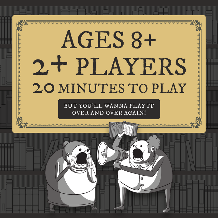 Really Loud Librarians info graphic: ages 8+, 2+ players, 20 minutes to play