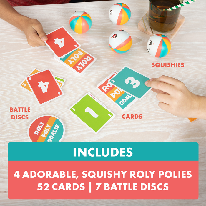 Roly Poly Goalie contents: 4 squishy roly polies, 52 cards, and 7 battle discs