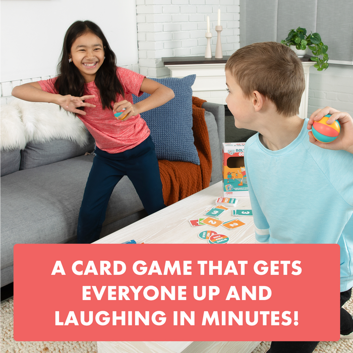 Kids playing Roly Poly Goalie, billed a card game that gets everyone up and laughing