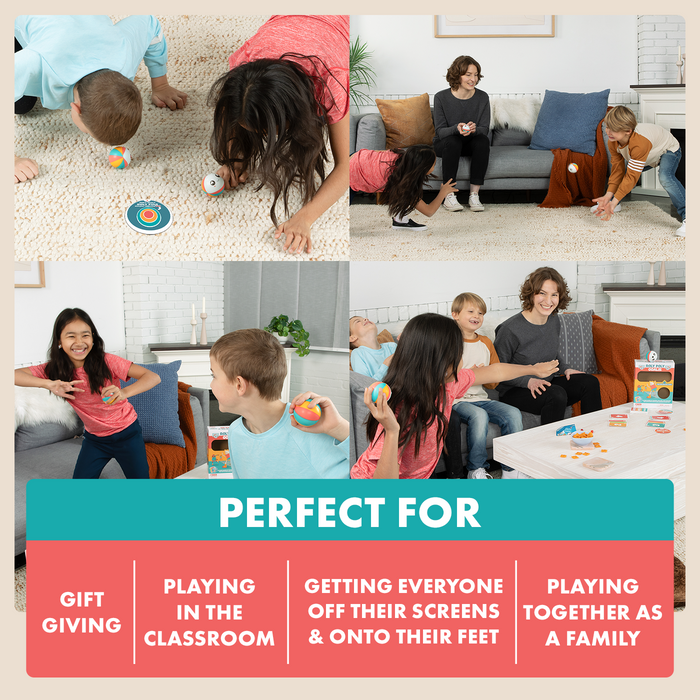 Family playing Roly Poly Goalie, listed as perfect for gift-giving and classrooms