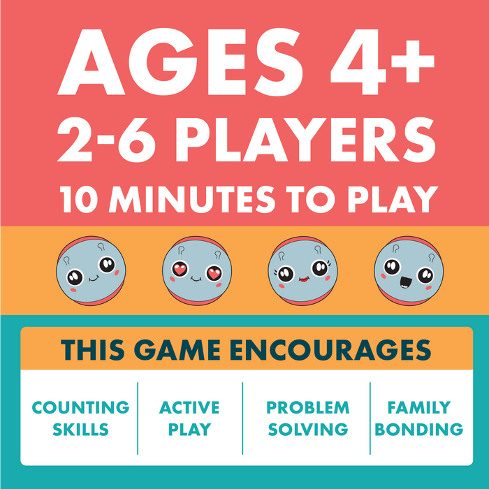Roly Poly Goalie info graphic: ages 4+, 2-6 players, 10 minutes to play