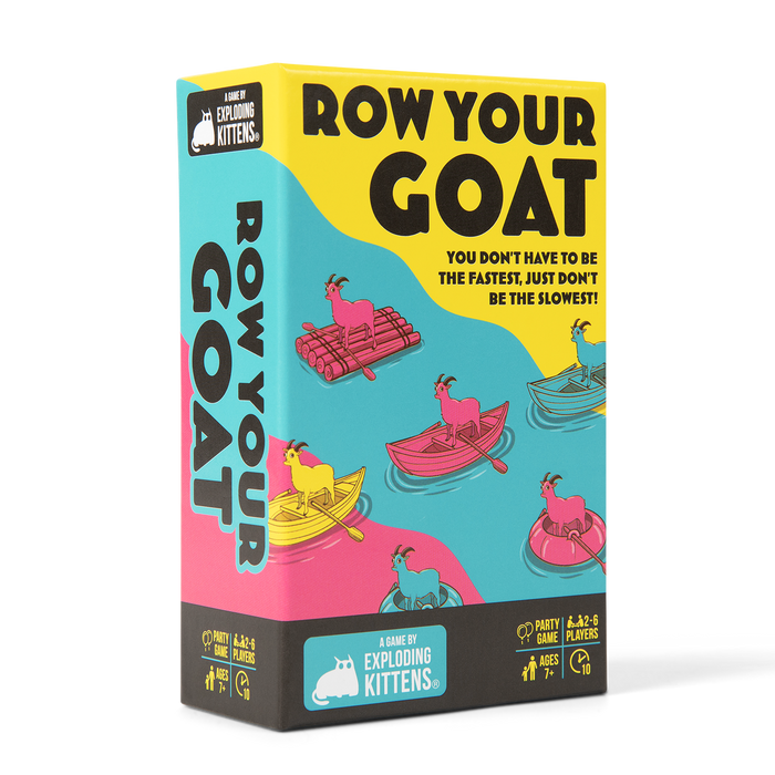 Row Your Goat game box at an angle with cartoon goats riding pool floats