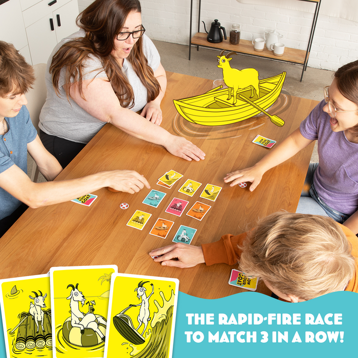Family playing Row Your Goat, billed the rapid-fire race to match 3 in a row