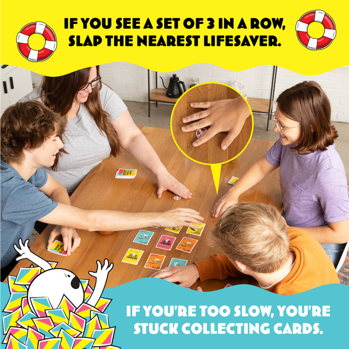 Players slapping a lifesaver token after spotting three goat cards in a row