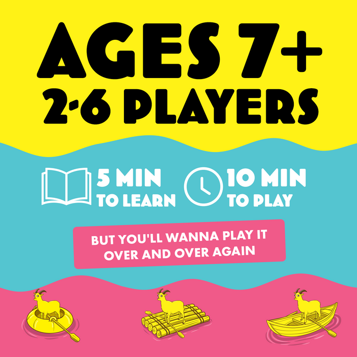 Row Your Goat info graphic: ages 7+, 2-6 players, 5 minutes to learn, 10 to play