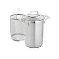 Stainless steel pot with lid and mesh basket on a white background