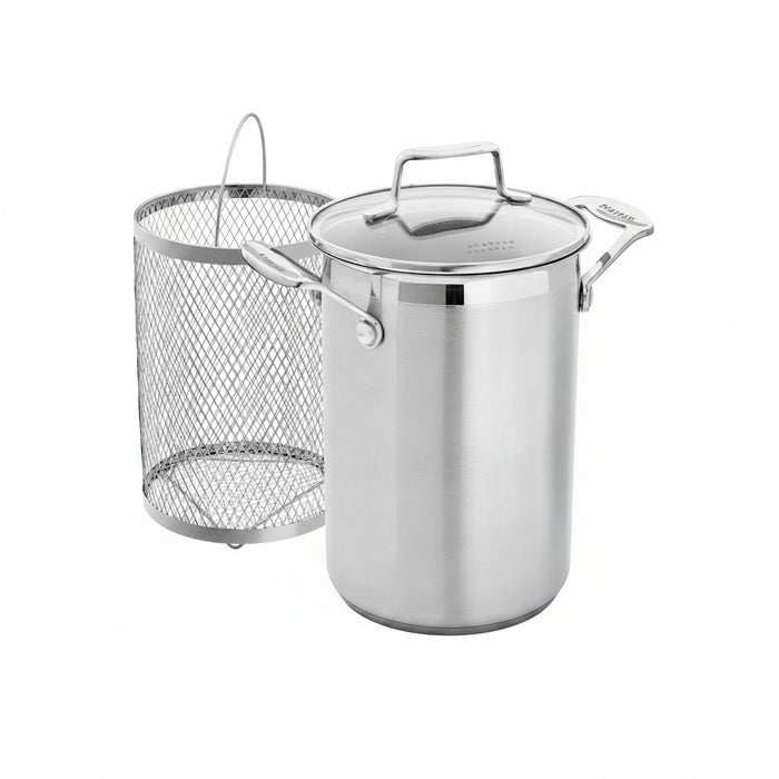 Stainless steel pot with lid and mesh basket on a white background