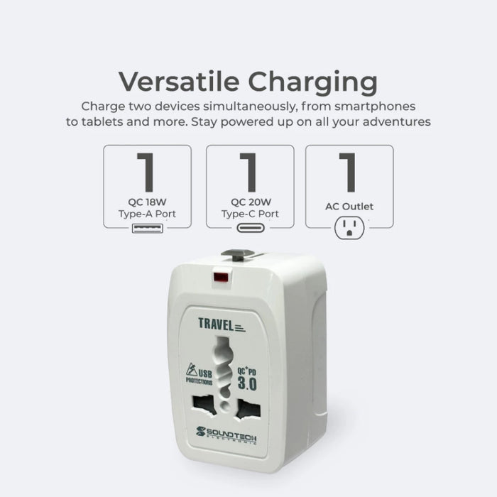 [SG] SoundTeoh TA-670 Travel Adaptor with Dual USB A+C 20W Quick Charger [Evergreen Stationery]