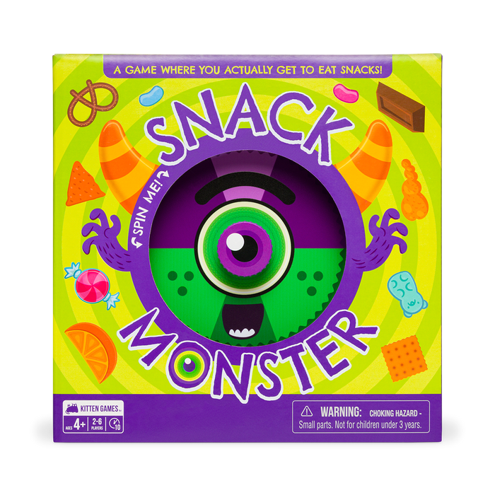 Snack Monster game box front, a purple box with a cartoon monster spinner and snacks
