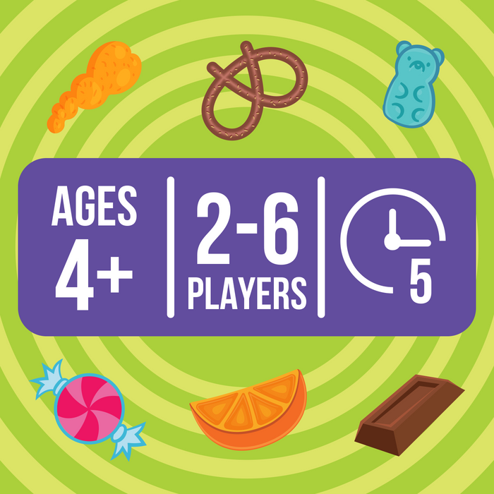 Snack Monster info graphic: ages 4+, 2-6 players, 5 minutes